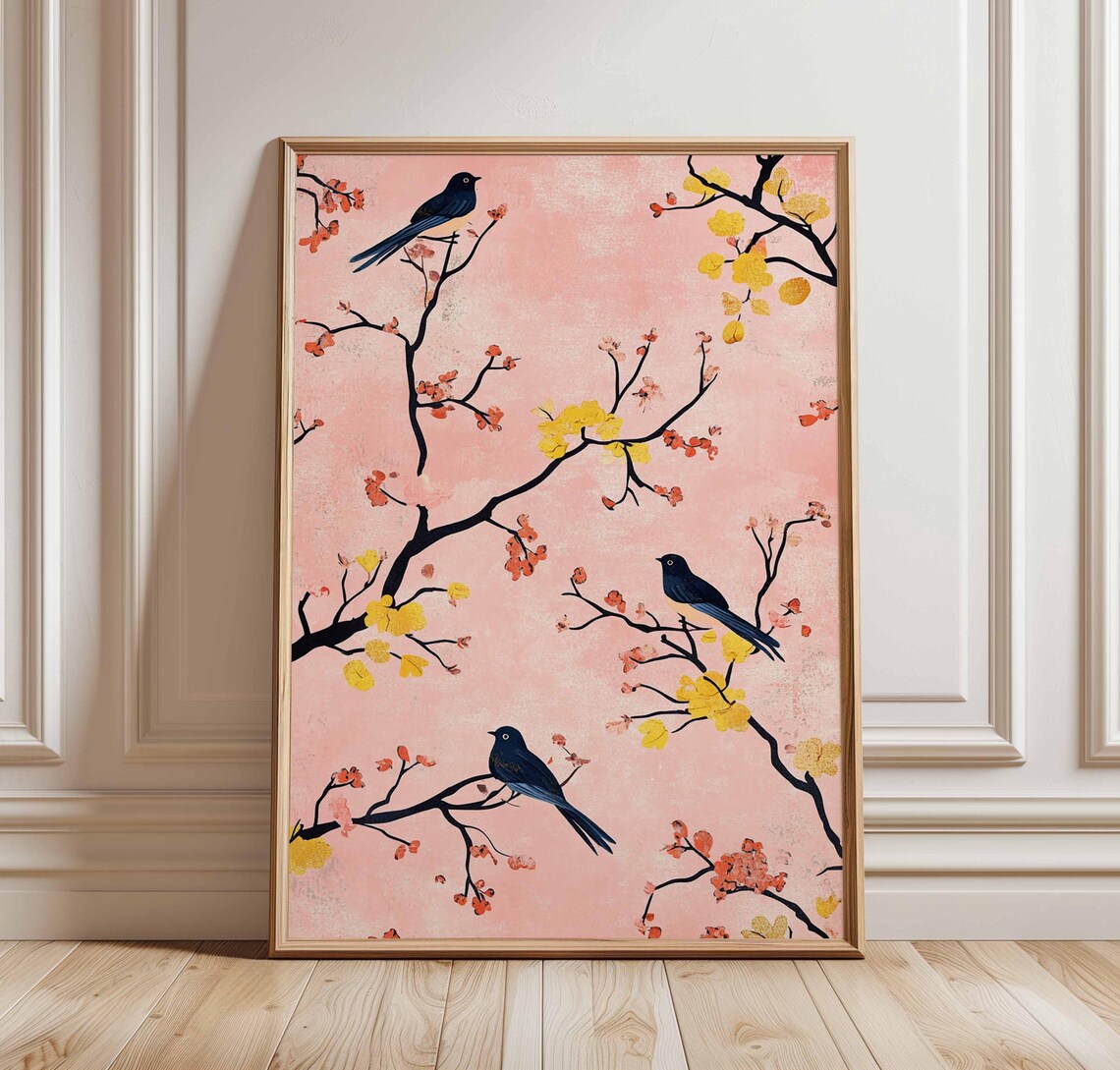 Cherry Blossom Birds Japanese Style Floral Botanical Art Print
