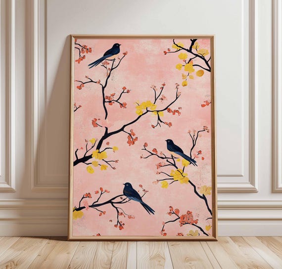 Cherry Blossom Bird Print Japanese Floral Wall Art Pink Nature Decor Minimal Botanical Poster Elegant Branches And Birds Illustration