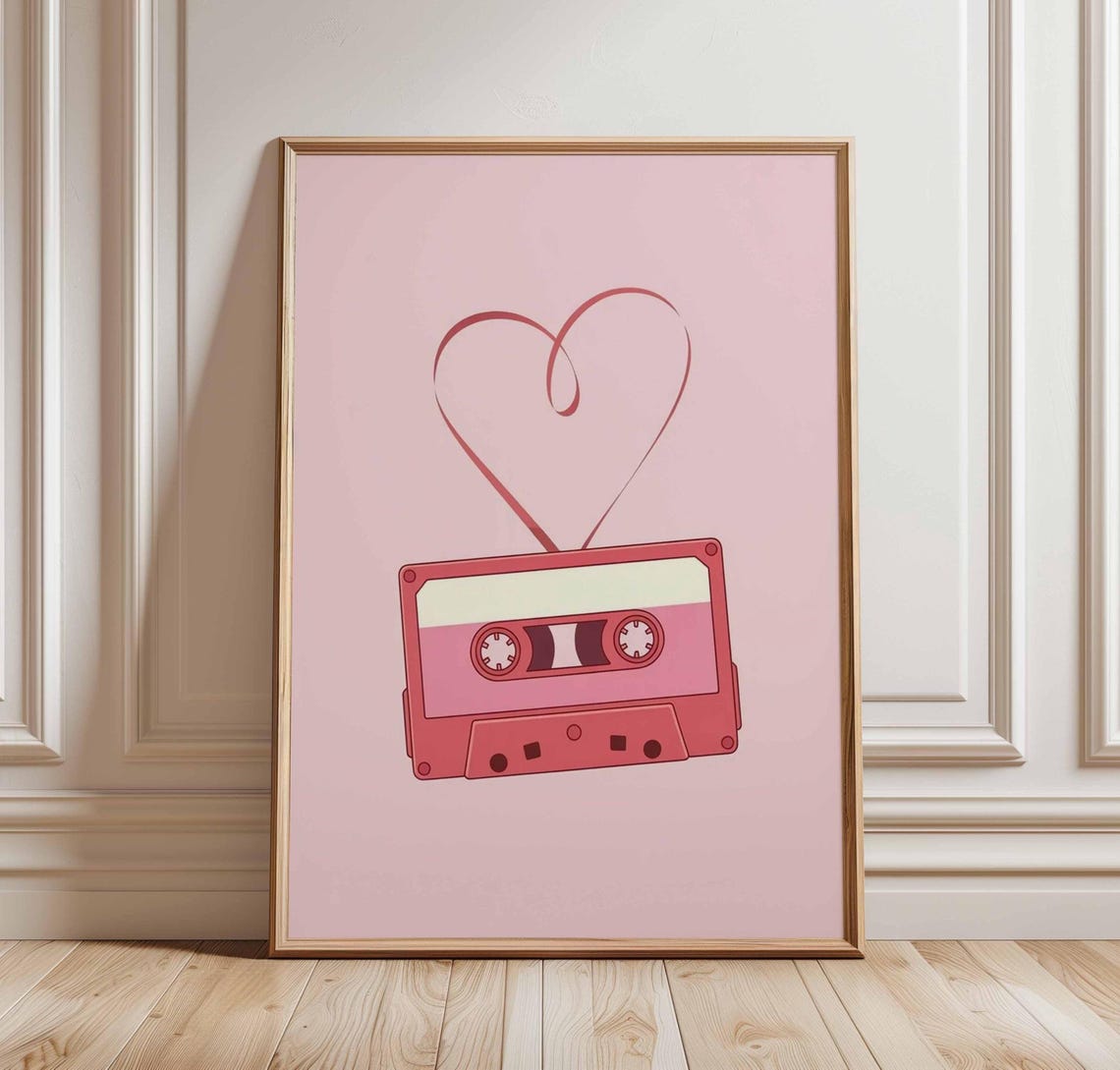 Pink Cassette Tape Heart Tape Ribbon Retro Music Love Poster