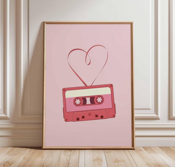 Cassette Tape Poster Retro Music Wall Art Pink Love Mixtape Print 80s Decor Cute Heart Illustration