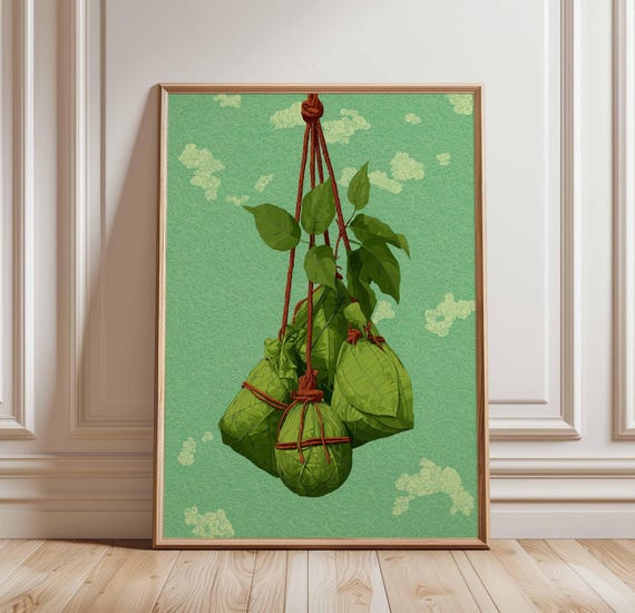 Zongzi Poster Asian Food Wall Art Leaf Wrapped Dumplings Print Green Kitchen Decor Minimalist Illustration Chinese Festival