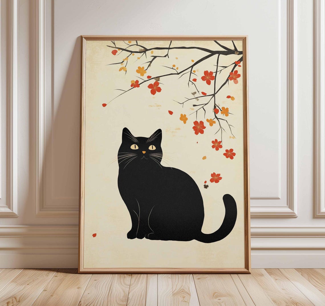 Black Cat Under Blossom Branches Japanese Minimalist Art Poster