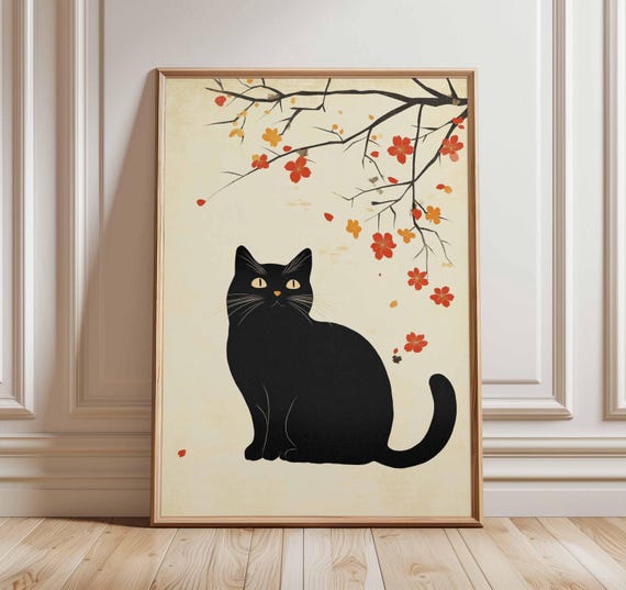 Black Cat Japanese Poster Minimalist Wall Art Vintage Asian Print Zen Home Decor Cute Animal Artwork Oriental Pet Illustration