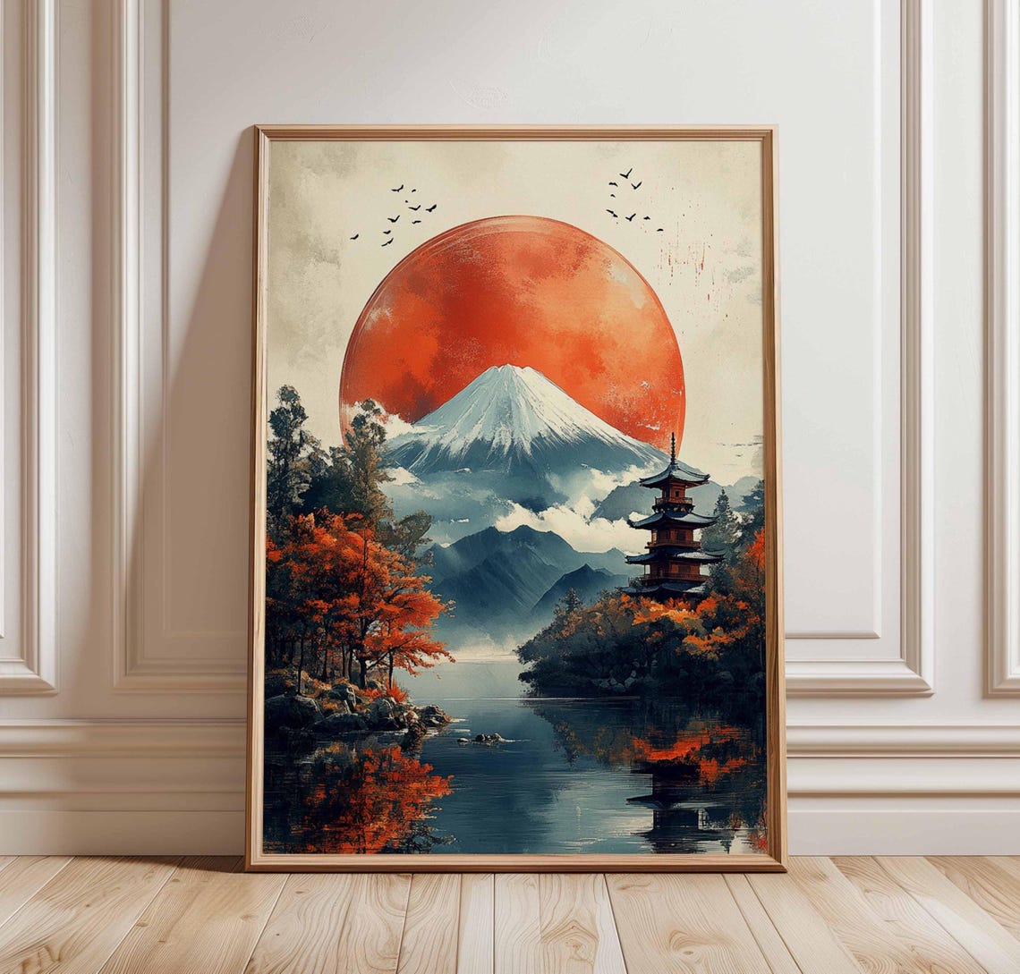 Mount Fuji Red Sun Pagoda Japanese Lake Reflection Art Poster