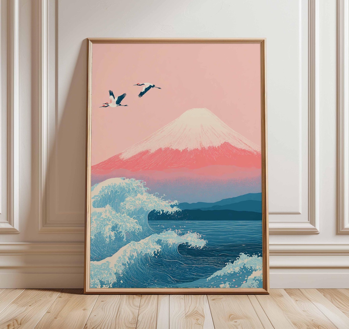 Mount Fuji Japanese Wave and Cranes Art Print