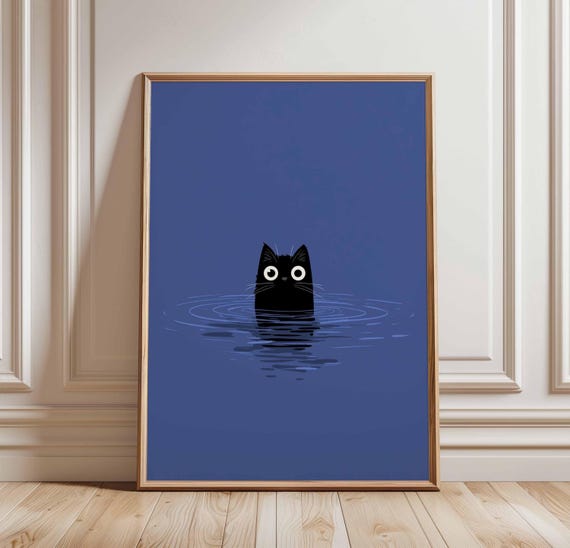 Funny Cat Poster Minimalist Wall Art Black Print Quirky Animal Illustration Cute In Water Blue Room Decor