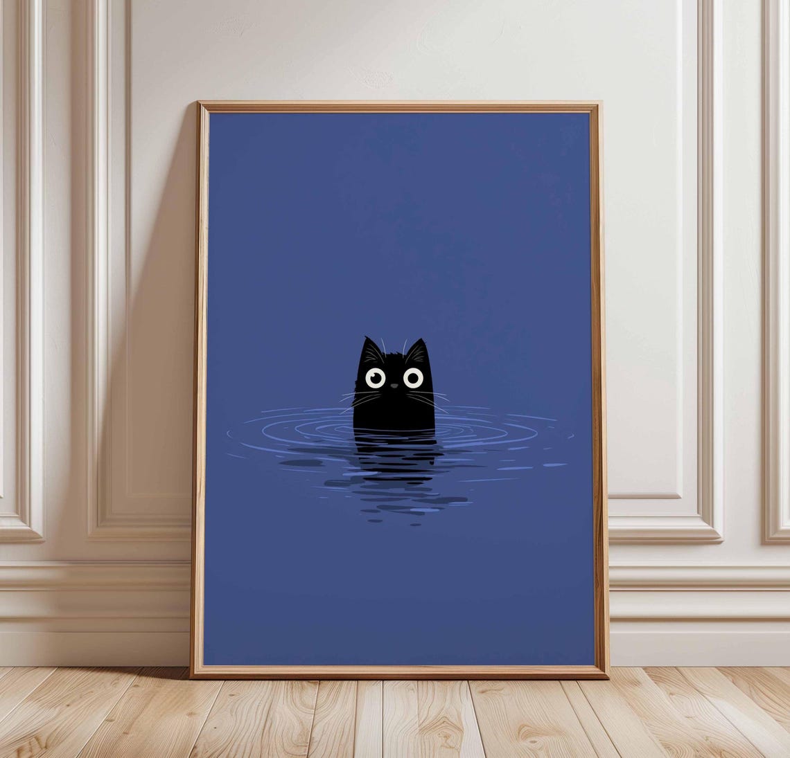 Black Cat Swimming In Deep Blue Water Minimalist Quirky Art Poster