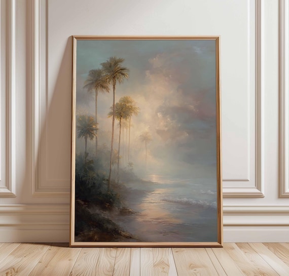 Palm Trees Sunset Tropical Beach Ocean Golden Mist Painting Poster