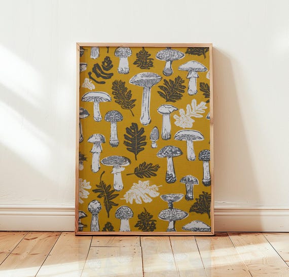Botanical Mushroom Poster Mustard Yellow Forest Wall Art