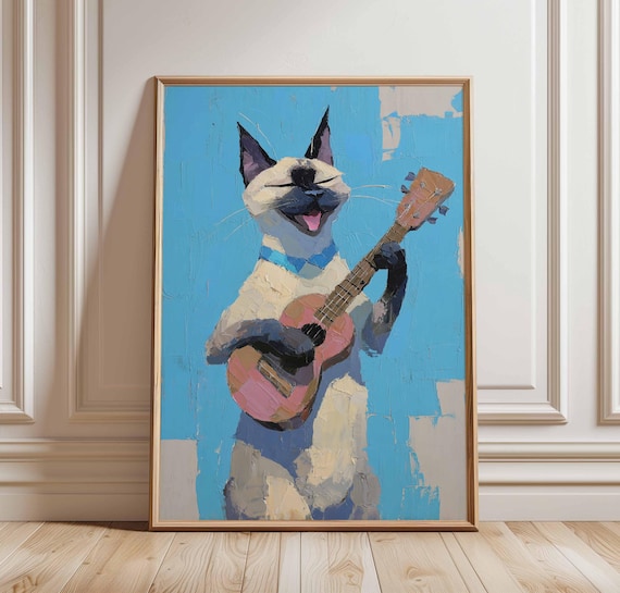 Funny Siamese Cat Playing Pink Ukulele Blue Painterly Art Poster