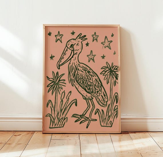 Shoebill Bird Folk Wildlife Print, Botanical Nature