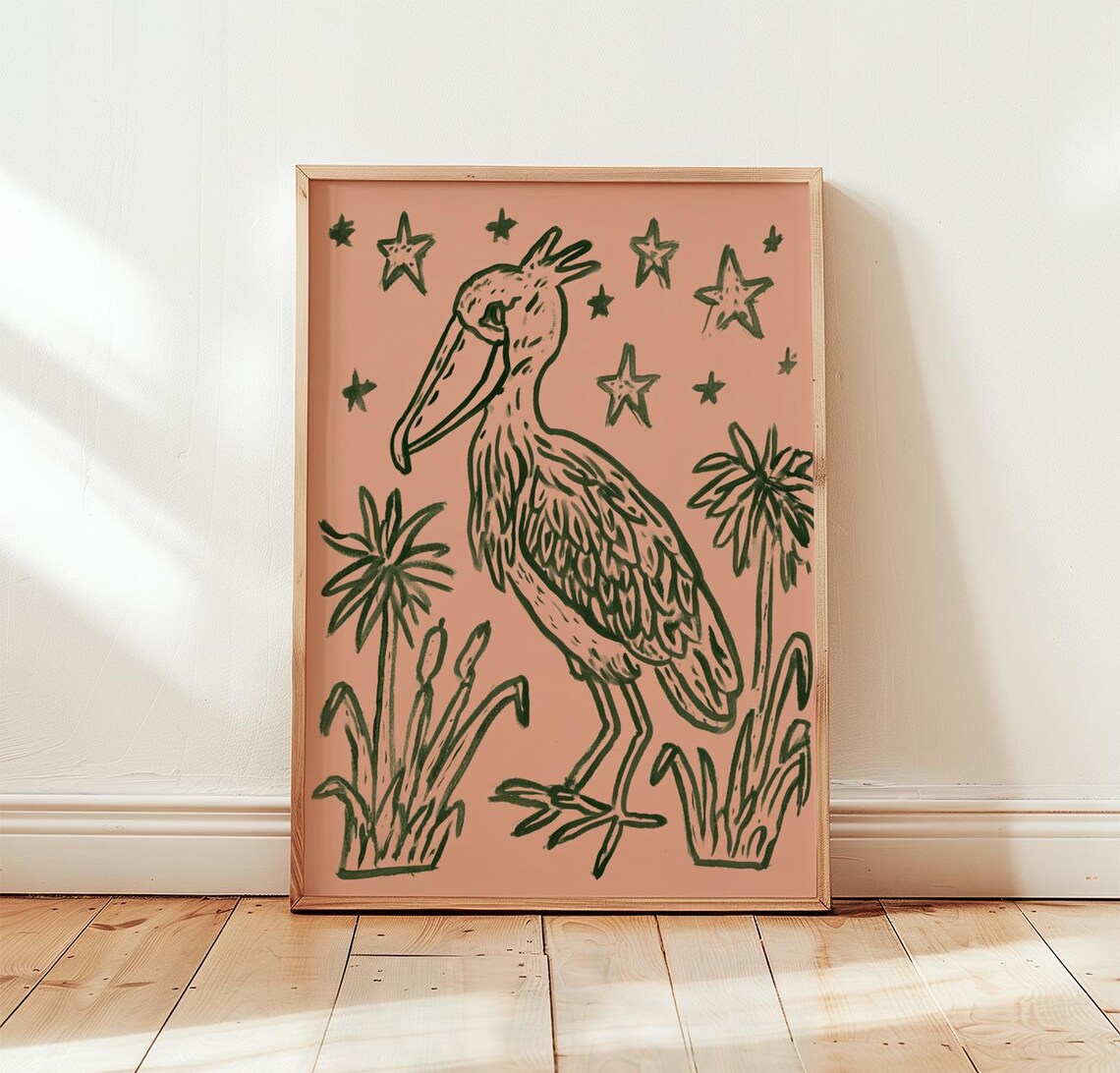 Shoebill Bird Folk Wildlife Print, Botanical Nature