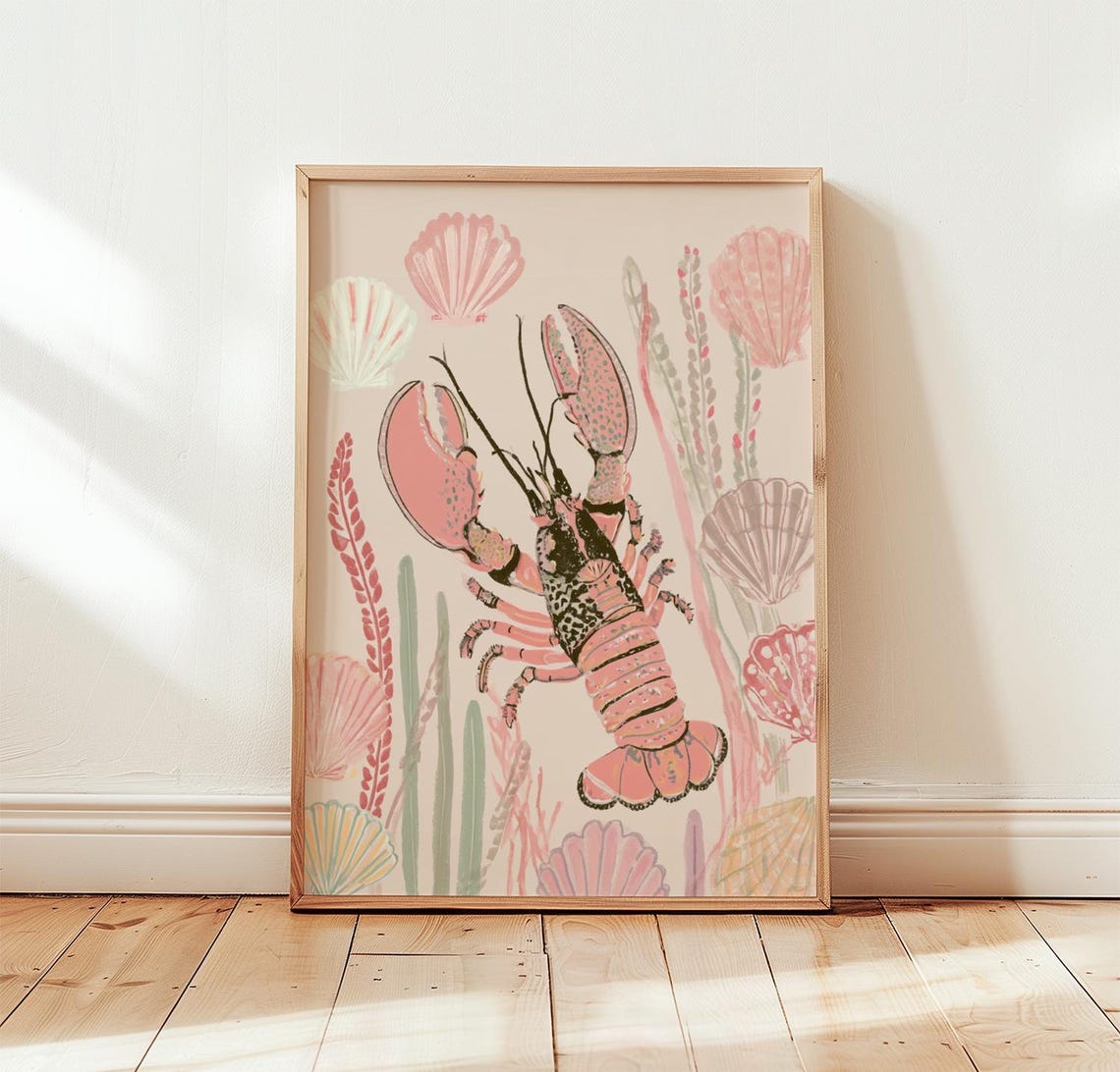 Pink Lobster Print Coastal Shell Wall Art Screen Poster