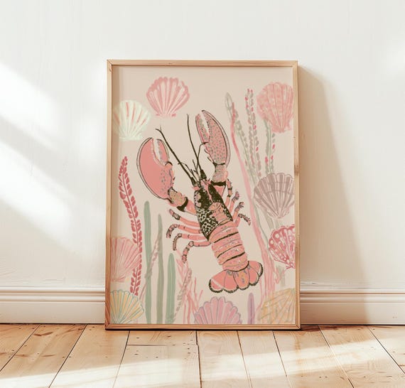Pink Lobster Print Coastal Shell Wall Art Screen Poster