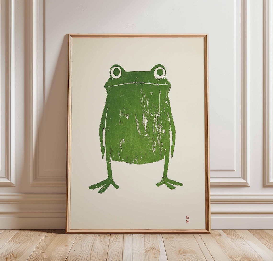 Green Frog Minimalist Animal Art, Retro Illustration