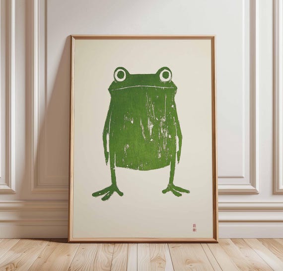 Green Frog Minimalist Animal Art, Retro Illustration