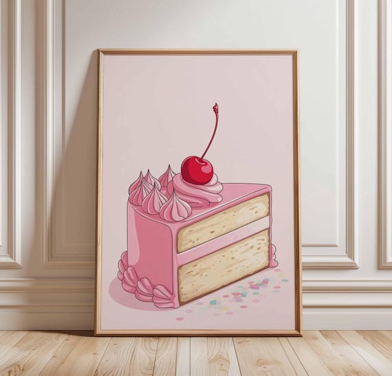 Cherry Cake Poster Print Cute Dessert Wall Art Pink Bakery Kitchen Decor Whimsical Food Illustration Pastel Sweets Artwork