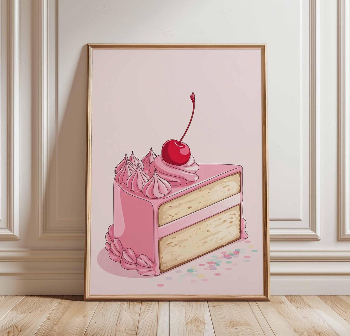 Pink Cherry Cake Slice Cute Dessert Bakery Kitchen Wall Art Decor