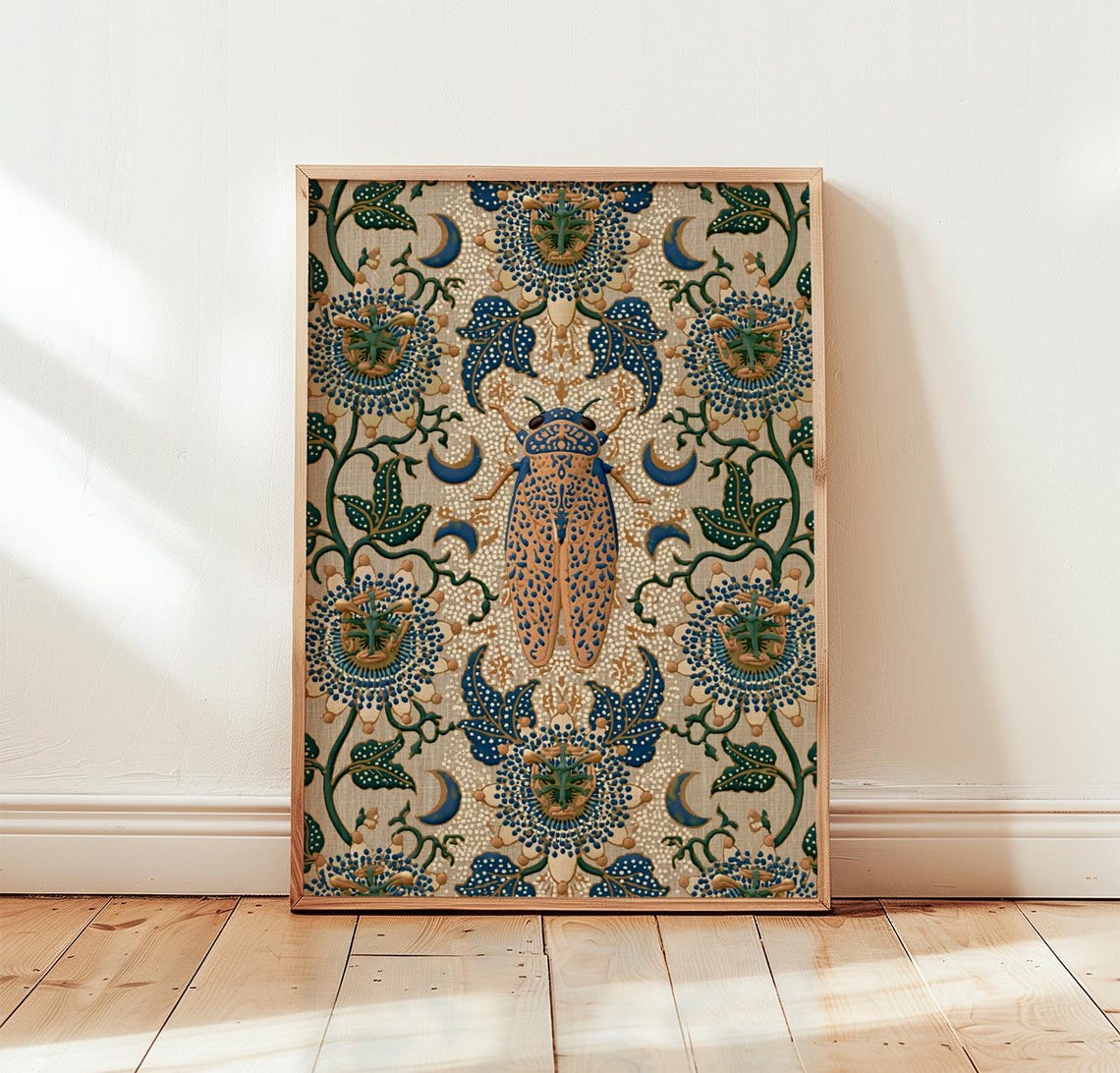 Blue Cicada Moon Phases Vintage Botanical Floral Folk Art Poster