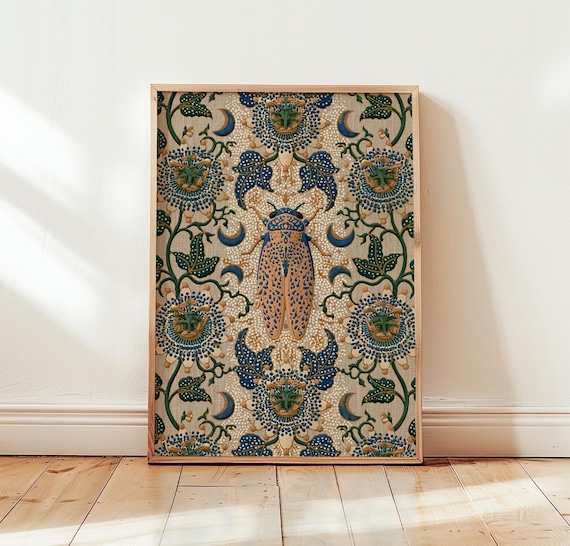 Blue Cicada Moon Phases Vintage Botanical Floral Folk Art Poster