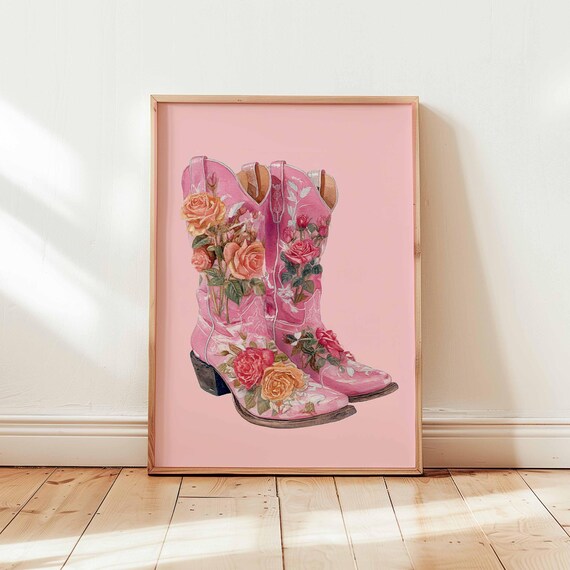 Pink Floral Cowgirl Boots Western Watercolor Country Girl Poster