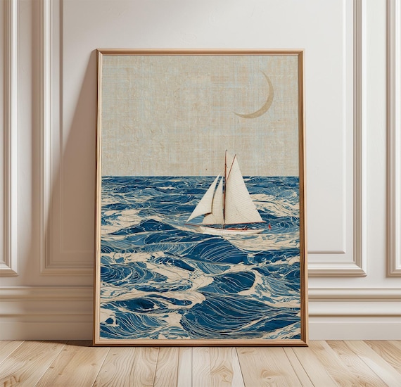 Blue Sailboat Ocean, Coastal Nautical Art Print