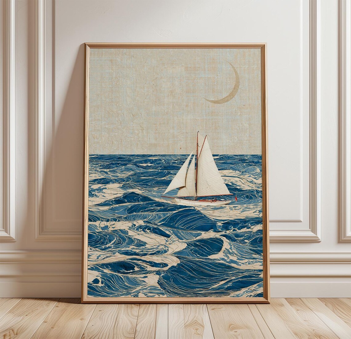 Blue Sailboat Ocean, Coastal Nautical Art Print