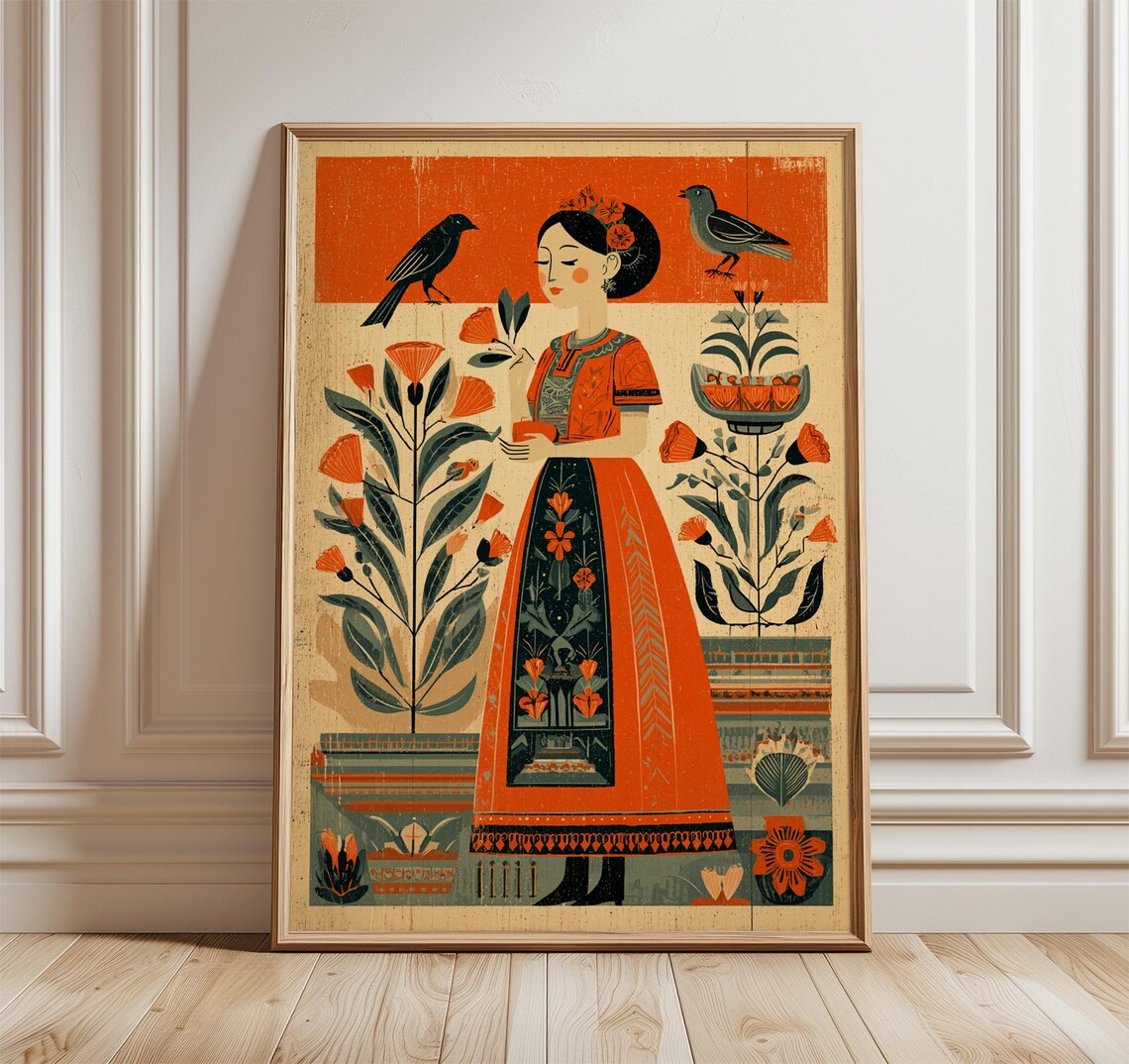 Folk Art Woman, Mexican Inspired Floral Vintage