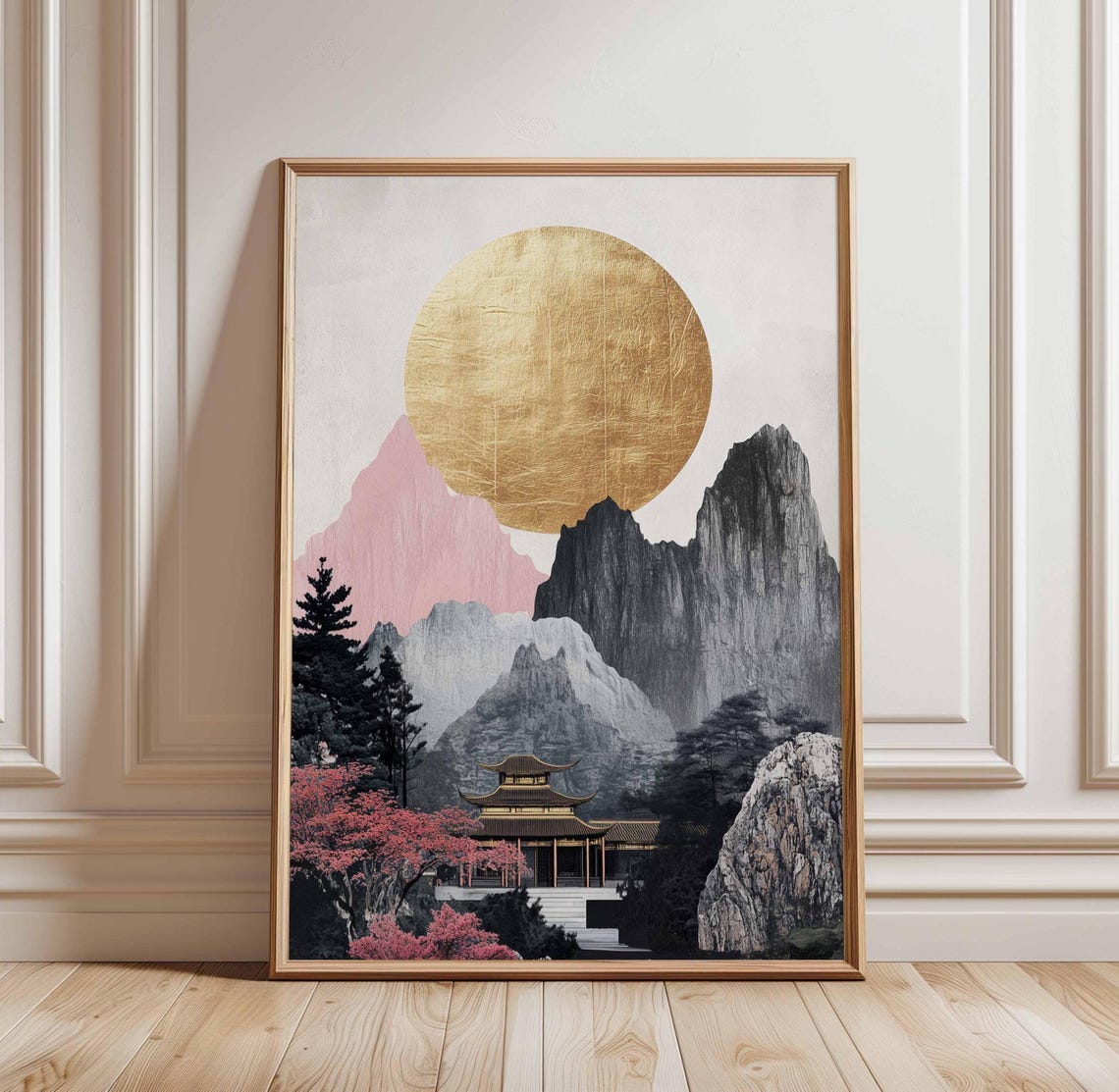 Golden Sun Pagoda Blossoms Asian Mountain Landscape Wall Art