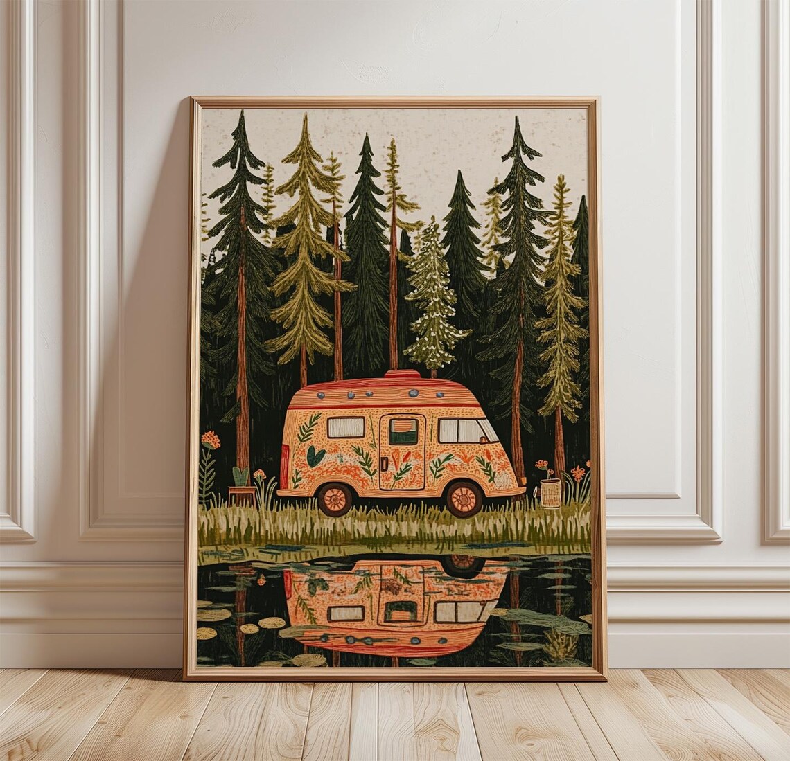 Retro Camper Van Forest Travel Poster