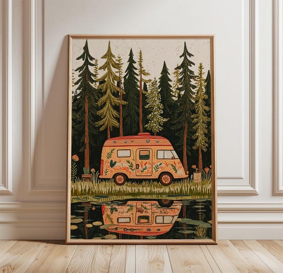 Retro Camper Van Forest Travel Poster