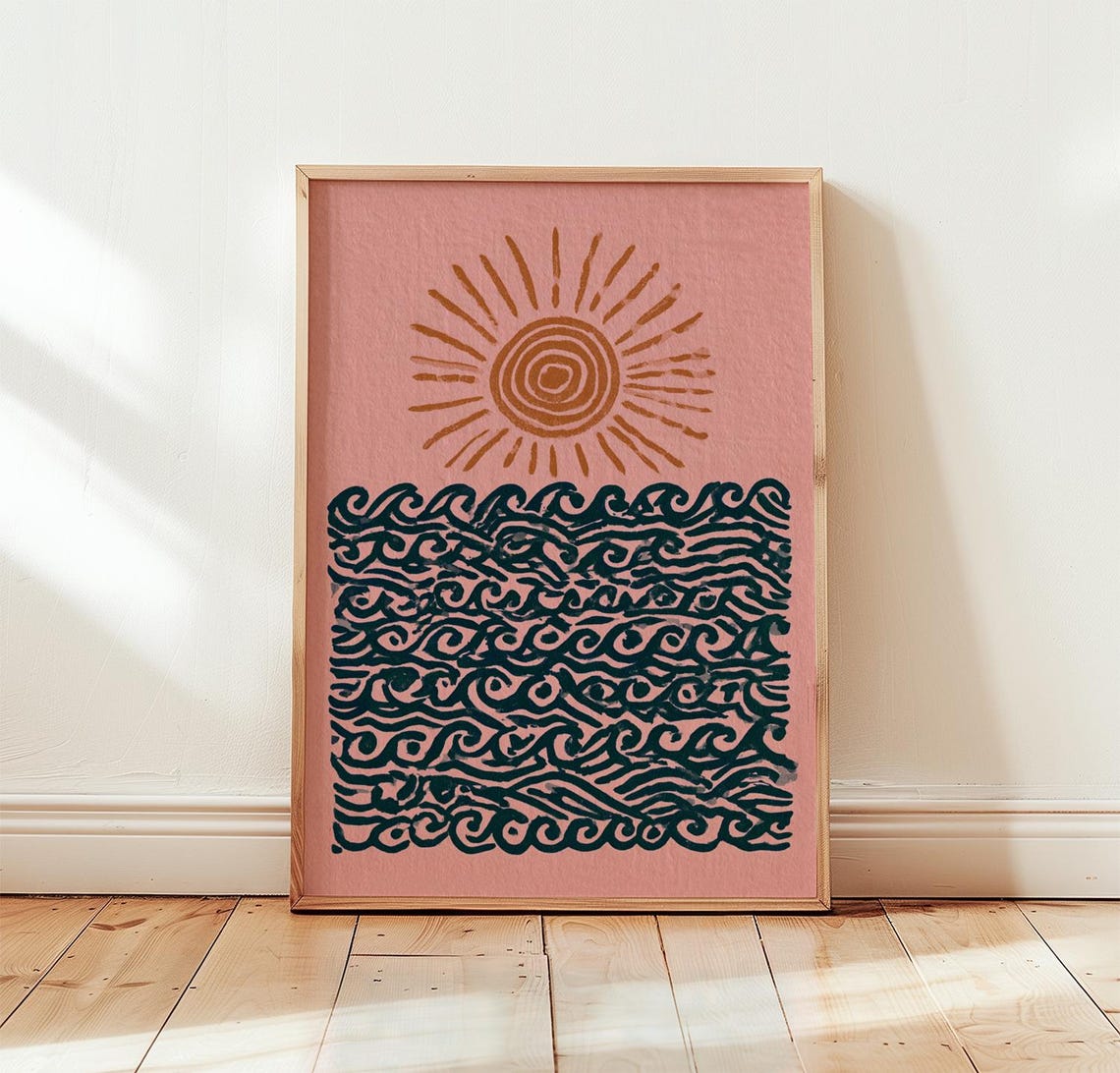 Pink Boho Sun Over Navy Ocean Waves Minimal Coastal Wall Art