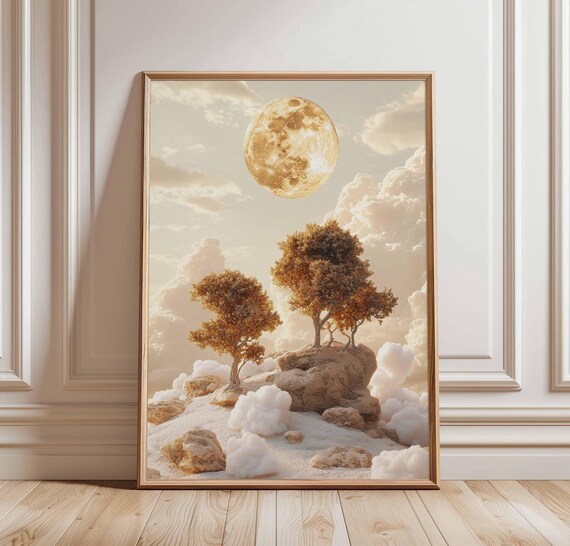 Surreal Golden Moon Cloudy Sky Trees On Rocks Fantasy Art Poster
