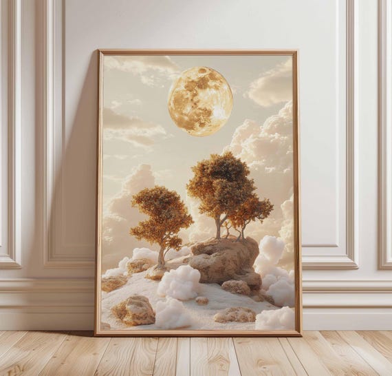 Surreal Moonlit Landscape Poster Cloudy Sky With Trees Dreamy Art Print Fantasy Nature Moon Above Rocks Wall Decor
