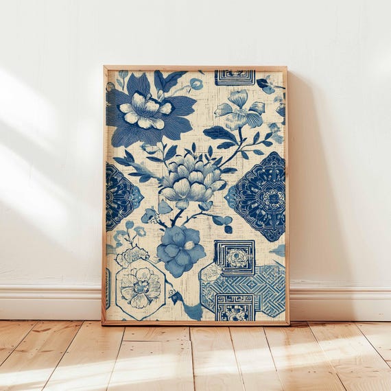 Blue Floral Porcelain Print Chinese Ceramic Pattern Poster Vintage Botanical Wall Art Chinoiserie Style Digital Download
