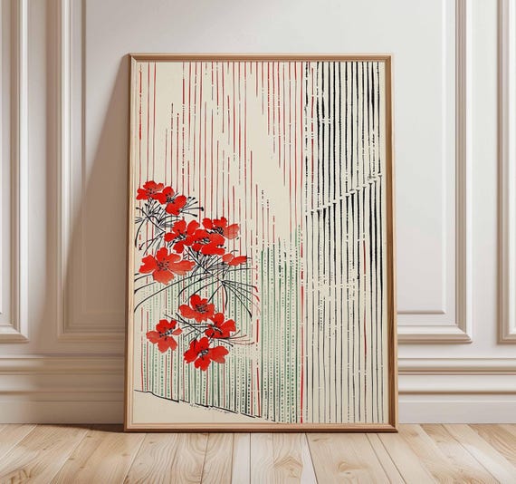 Red Blossoms Over Pinstripes Japanese Minimalist Floral Poster