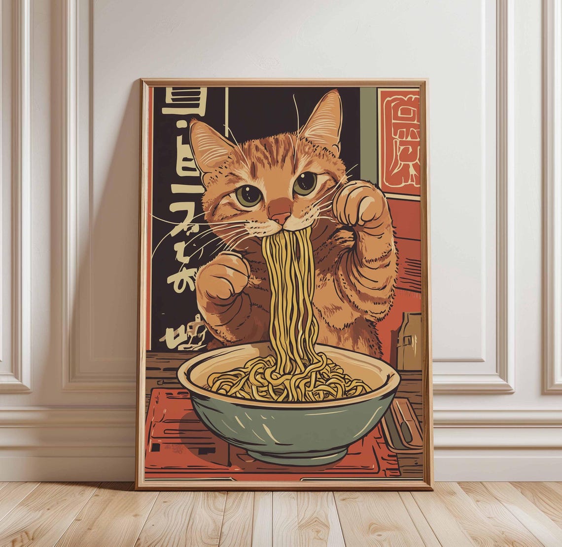 Happy Orange Cat Eating Ramen Retro Japanese Kitchen Art Poster