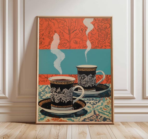 Steaming Coffee Cups Poster Vintage Cafe Wall Art Print Ornate Mug Decor Boho Kitchen Artwork Colorful Lover Unframed