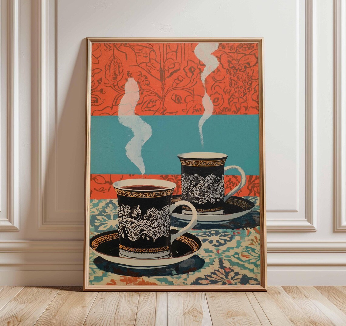 Steaming Black Ornate Coffee Cups on Bold Patterned Vintage Cafe Poster