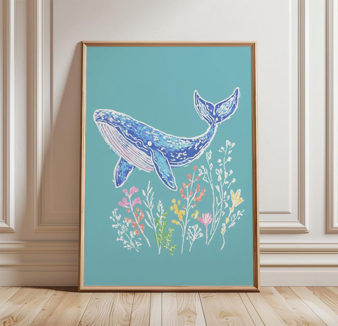 Blue Whale With Wildflowers Turquoise Coastal Nursery Wall Poster