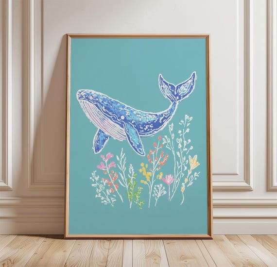 Whale Poster Coastal Wall Art Print Ocean Animal Artwork Blue Marine Decor Minimal Sea Life Illustration Scandinavian Style