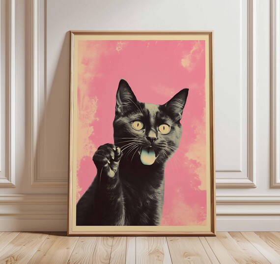 Funny Black Cat Pop Art Tongue Out On Pink Background Poster