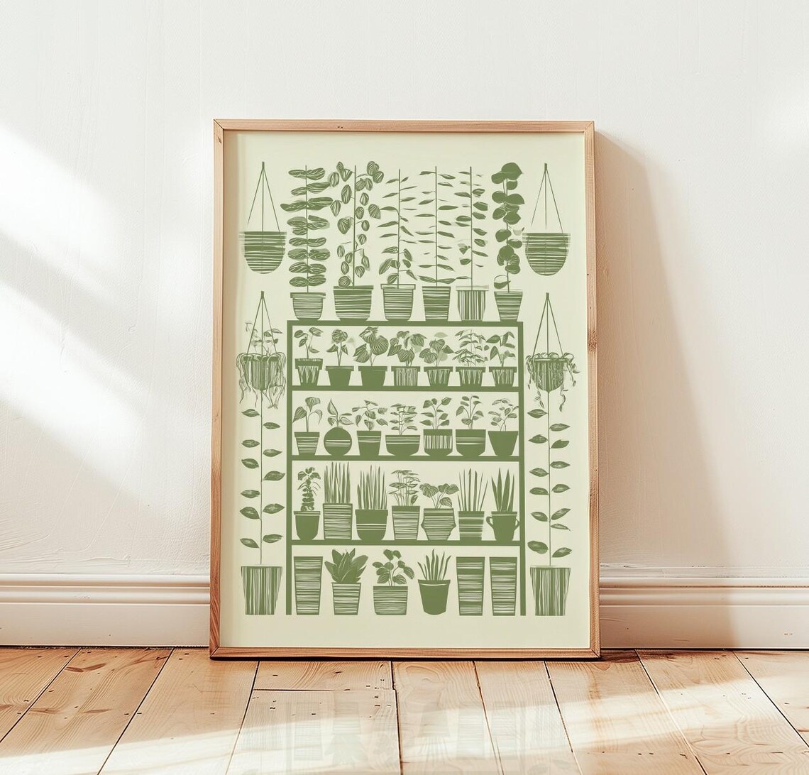 Botanical Greenhouse Shelf Poster Green Houseplant Illustration Art