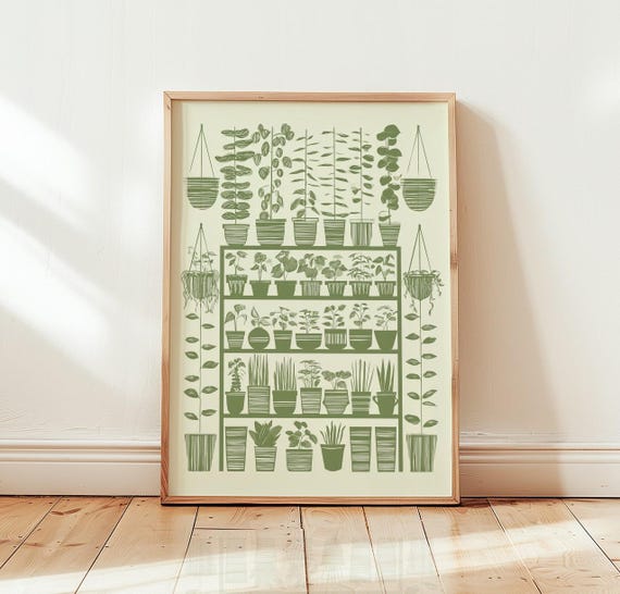 Botanical Greenhouse Print Shelf Art Plant Lover Wall Decor Green Houseplant Illustration
