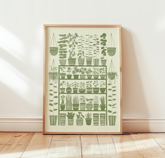 Botanical Greenhouse Shelf Poster Green Houseplant Illustration Art