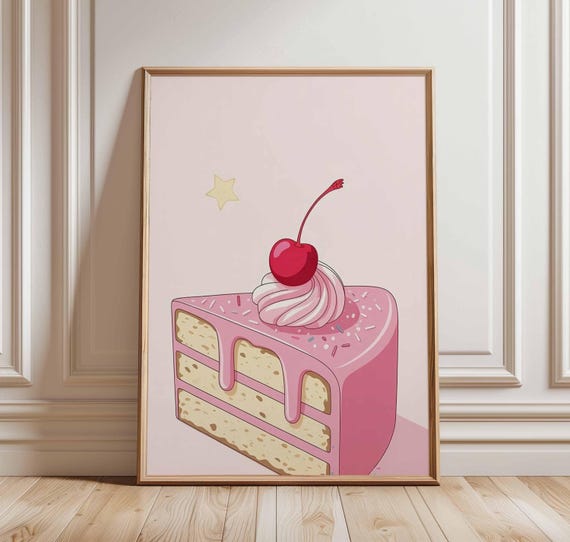 Cherry Cake Poster Pink Dessert Wall Art Cute Bakery Print For Kitchen Decor Sweet Slice Illustration Whimsical Artwork