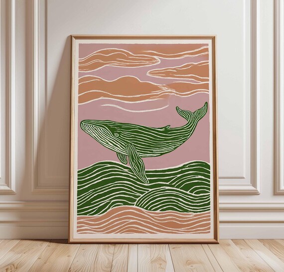 Green Whale Print Modern Wall Art Minimal Ocean Poster Pink And Terracotta Sea Life Decor Abstract Coastal Animal Illustration