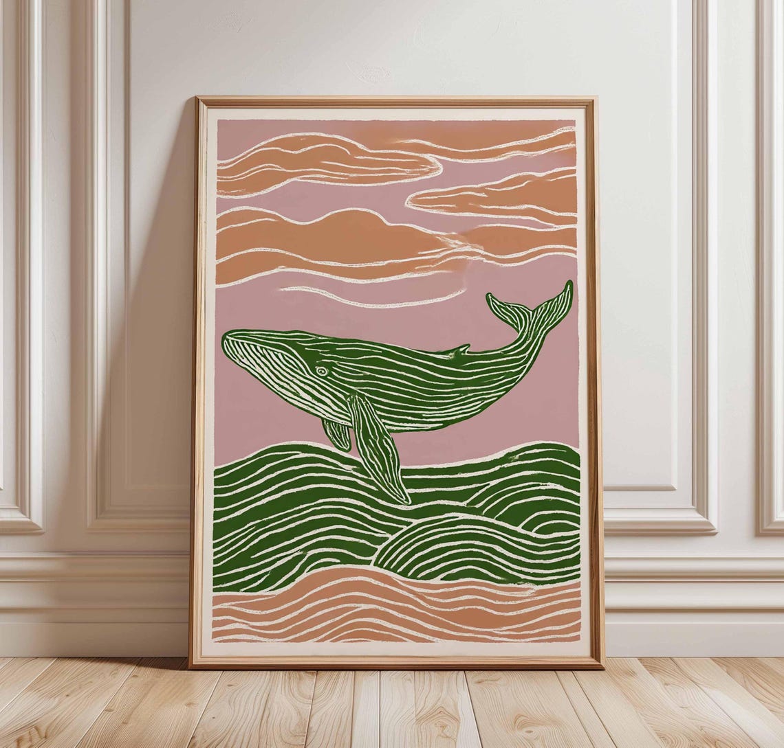 Green Whale Pink Sky Modern Coastal Ocean Linocut Style Poster