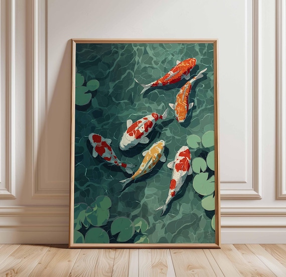 Koi Fish Japanese Pond Poster, Zen Garden Decor