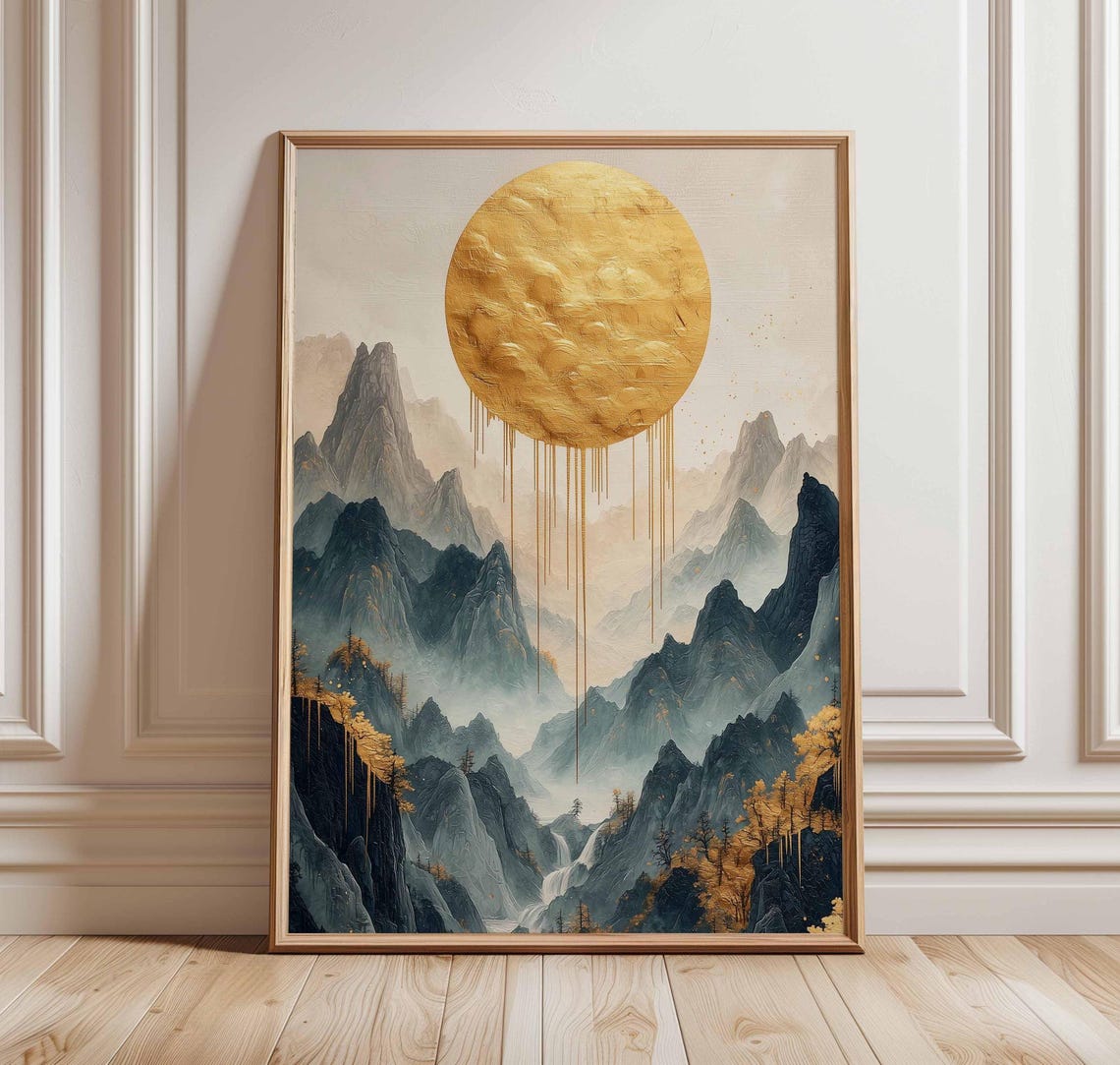 Golden Sun Over Misty Mountain Peaks Chinese Ink Landscape Poster